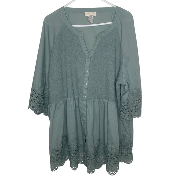 Alessa W. Collection Tunic Top Womens Size 22 Green Crochet Trim 3/4 Sleeves Boh - Picture 1 of 11